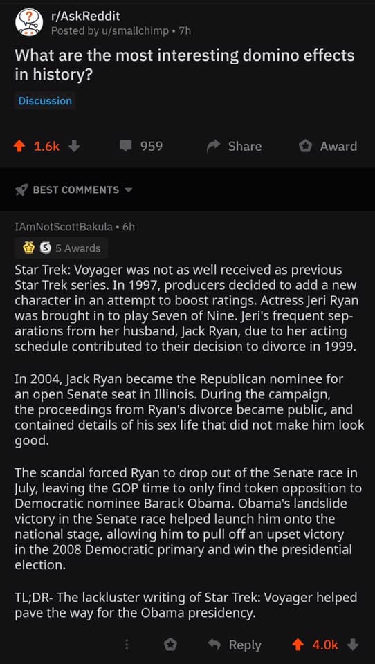 The meme is a screenshot of a Reddit comment from the r/AskReddit community, where a user shares a bizarre and humorous story about a person who became obsessed with a 1997 Star Trek movie and its 1997 sequel, Star Trek: Insurrection. The user claims that they "married" a woman named "Samantha" from the movie, and that they "married" her in a 1997 ceremony, which was a "ceremonial" event.
